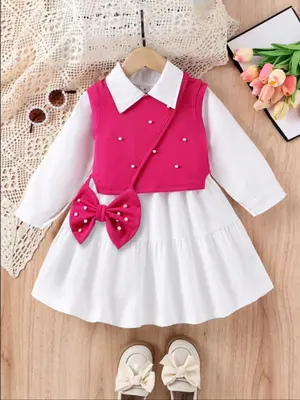 Three-piece Set Girl's Solid Faux Pears Decor Vest & Ruffle Hem Shirt Dress & Crossbody Bowknot Accessories Set, Preppy Style...
