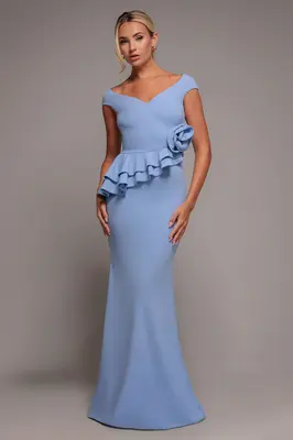 Goddiva Scuba Crepe Rose Frill Maxi Dress - Cornflower Blue