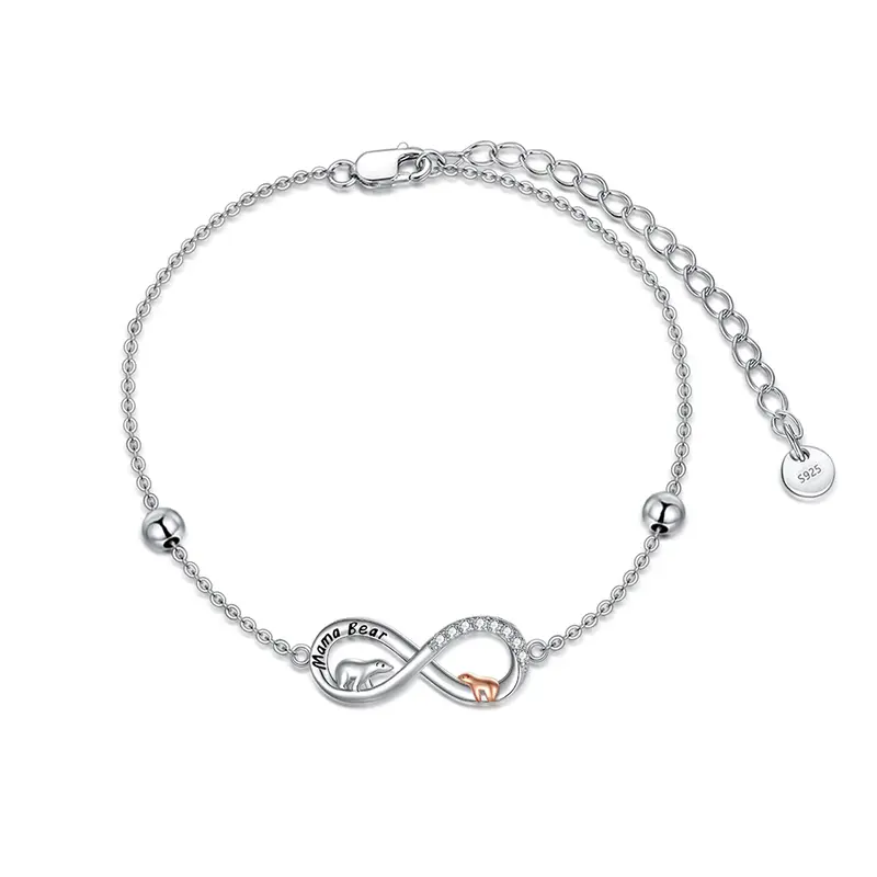 Sterling Silver Two-tone Circular Shaped Cubic Zirconia Polar Bear & Infinity Symbol Charm Bracelet