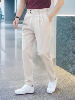 Men's Plaid Print Button Plicated Suit Pants, Regular Fit Casual Pocket Trousers for Spring Summer Fall, Fashion Men's Botto...