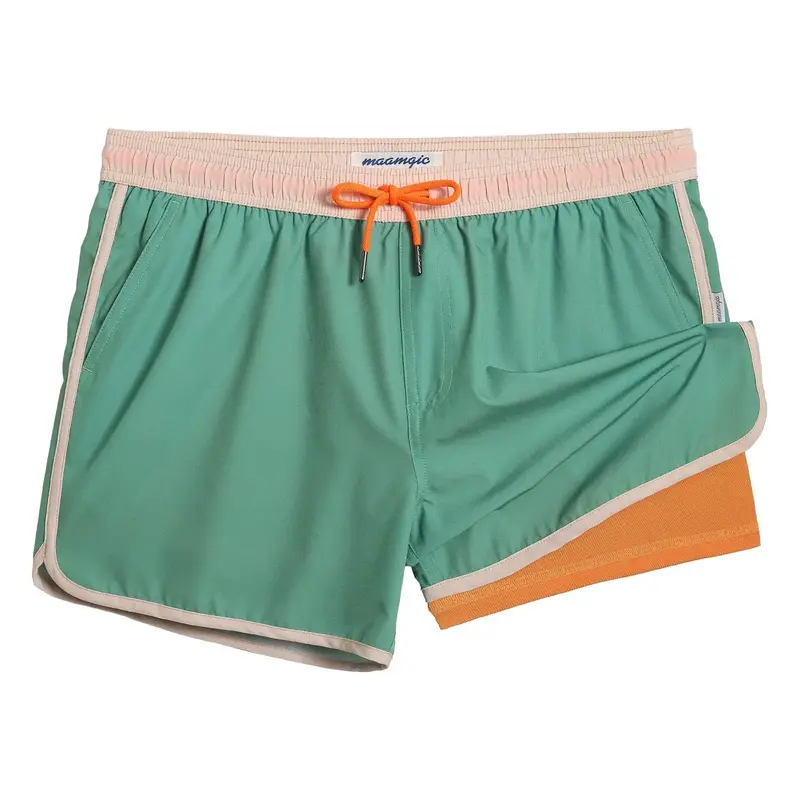 Maamgic Swim Shorts 4.5 Inseam Green with Orange Waistband, 2 Side Pockets, 1 Back Pocket & Soft & Stretch Mesh Liner - Premi...