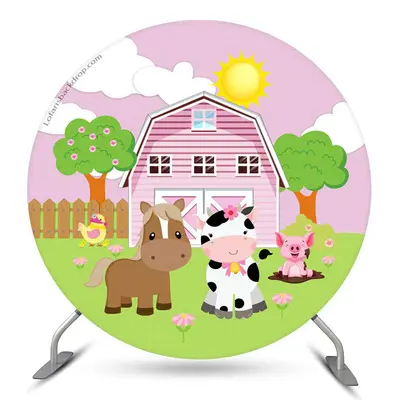 Aperturee Pink House And Animals Circle Baby Shower Backdrop | Round Backdrop Cover Diy | Round Party Backdrop | Custom Round...