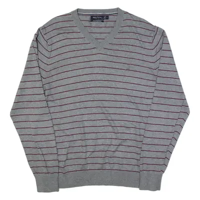 NAUTICA Patterned Jumper Grey Striped Tight Knit V-Neck Mens L