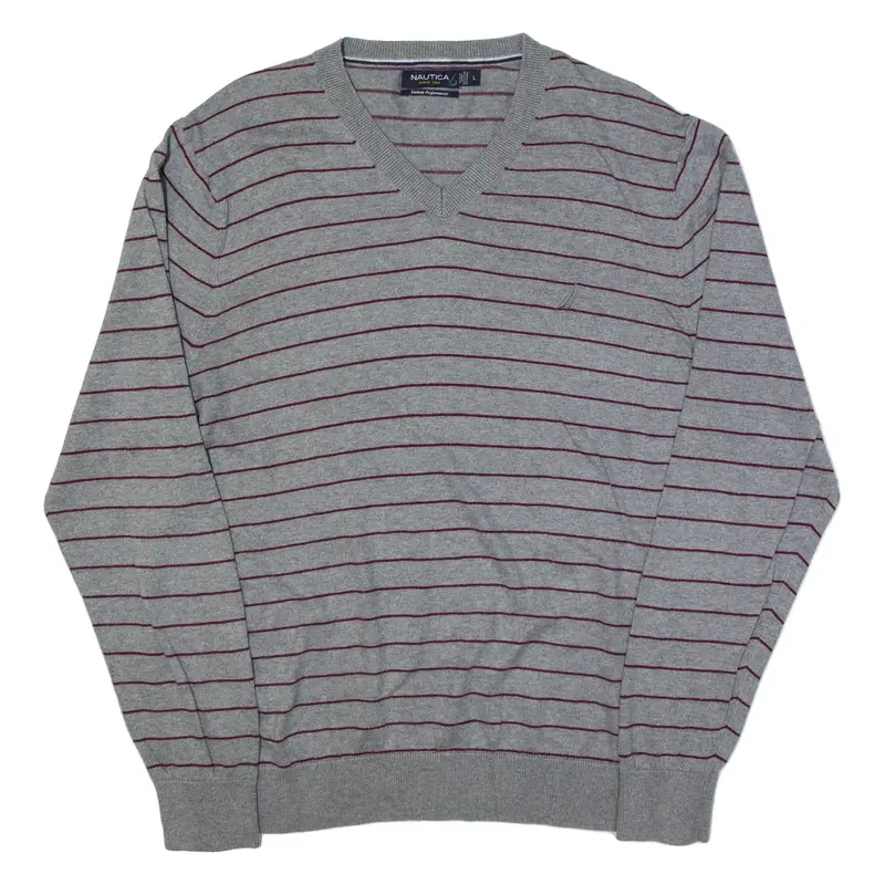 NAUTICA Patterned Jumper Grey Striped Tight Knit V-Neck Mens L