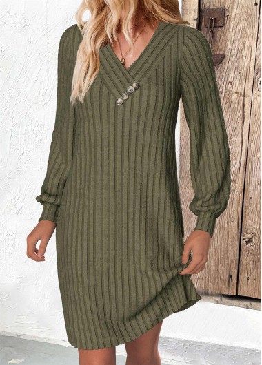 Modlily Olive Green A Line Long Sleeve V Neck Dress - L