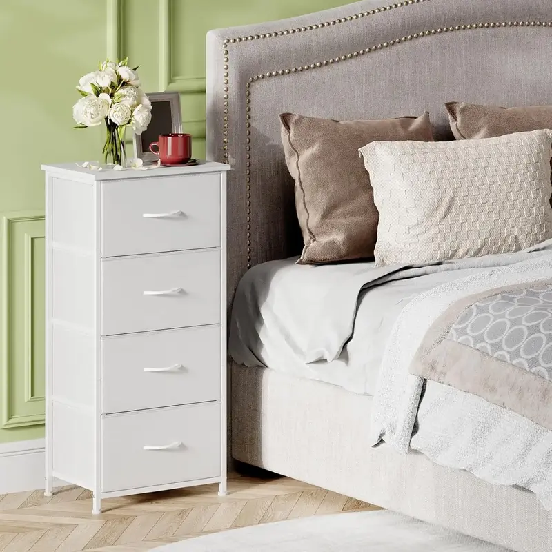 4-Drawer Storage Organizer Dresser with Wooden Top & Metal Frame, Tall Fabric Closet Chest for Bedroom, Nursery, Living Room ...