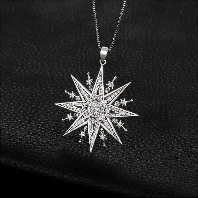 Stunning Vintage Gothic North Star 925 Sterling Silver Pendant Necklace with Cubic Zirconia – Perfect for Any Occasion!
