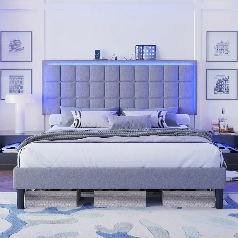 [Restock Sale] AMERLIFE Button Tufted Platform Bed Frame with LED Lights, Upholstered Bed Frame with Charging Station, Wood S...