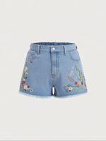 【Plus Size】Floral Embroidery Denim Shorts, Casual Fashion Pocket Design Shorts for Daily Outdoor Wear, Women Plus Clothin...
