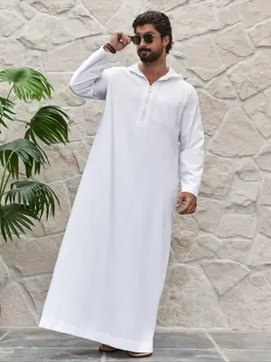 Men's Solid Pocket Zipper Hooded Muslim Kaftan, Loose Modest Casual Long Sleeve Kaftan, Men's Islamic Clothing for All Seas...