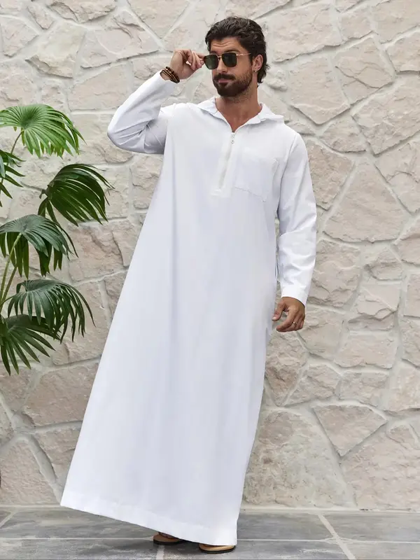 Men's Solid Pocket Zipper Hooded Muslim Kaftan, Loose Modest Casual Long Sleeve Kaftan, Men's Islamic Clothing for All Seas...
