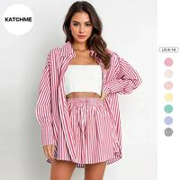 KatchMe Women's Versatile Color Matching Striped Long Sleeve Shirt & Drawstring Waist Shorts Co-ord, Classy Blouse & Wide Leg...