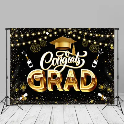 Spark Gold Black Congrats Grad Backdrop For Photo - Aperturee
