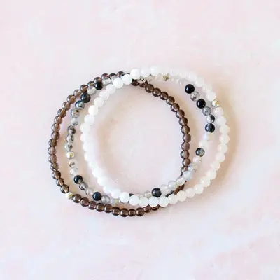 Anxiety Relief & Protection Natural Crystal Bracelet Set | Snow Quartz, Smoky Quartz & Dragon Vein Agate | 4mm Dainty