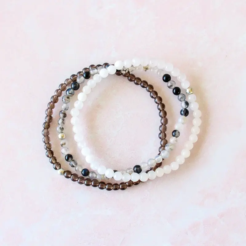 Anxiety Relief & Protection Natural Crystal Bracelet Set | Snow Quartz, Smoky Quartz & Dragon Vein Agate | 4mm Dainty