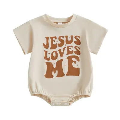 Infant Baby Boys Girls Christening Gown Romper Loose Fit JESUS LOVES ME Print Bodysuit Summer Short Sleeve Jumpsuit Clothes