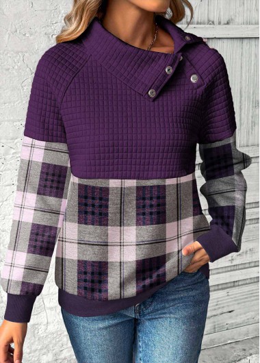 Modlily Purple Patchwork Plaid Long Sleeve Asymmetrical Neck Sweatshirt - XL