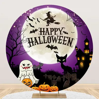 Ghost Witch Dark Moon Night Round Halloween Backdrop