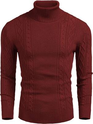 Turtleneck Casual Cable Knitted Pullover Sweaters (US Only), Wine Red / XXXL