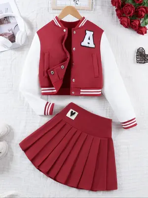 Girl's Colorblock Long Sleeve Jacket & Pleated Skirt Two-piece Set, Casual Fashion Baseball Collar Outerwear & Skirt for Dai...