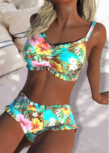 Modlily Mid Waisted Floral Print Multi Color Bikini Set - M