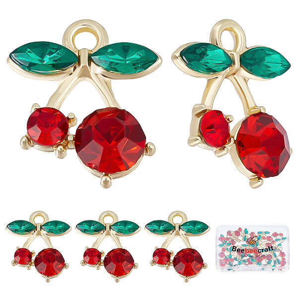 Beebeecraft 30Pcs/Box Cherry Charms Red Rhinestone Cherry Dangle Charms Gold Plated Fruit Pendants for Jewelry Making Bracele...