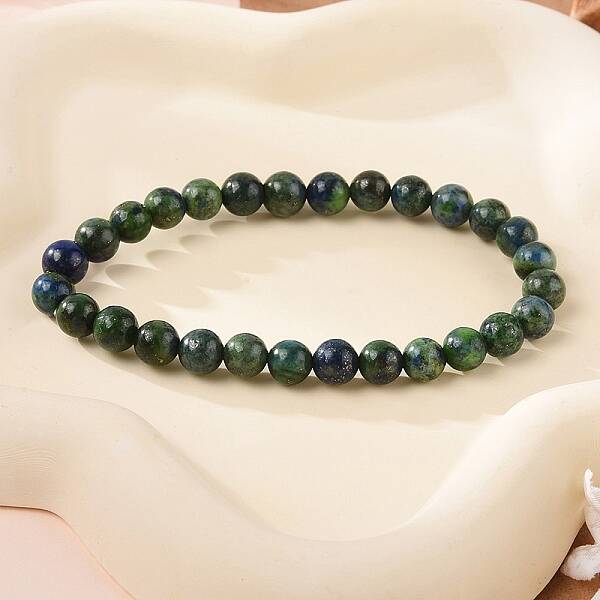 Natural Chrysocolla and Lapis Lazuli Round Bead Stretch Bracelets