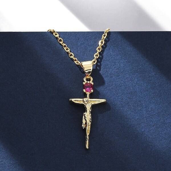 Religion Brass Pave Deep Pink Cubic Zirconia Jesus Cross Pendant Necklaces