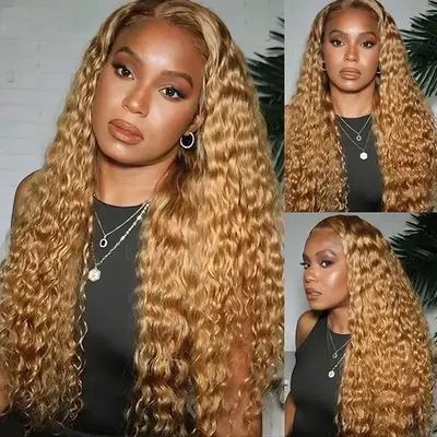 Honey Blonde Water Wave #27 Wear Go Wig 7x5 Lace Closure 180% Density