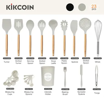 [Clearance-The Last Chance]23 PCS Kikcoin Kitchen Utensils Set,Wood Handle,Silicone Heat Resistant Cooking Gadgets for Nonsti...