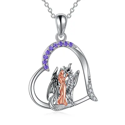 Sterling Silver Two-tone Cubic Zirconia Dragon Pendant Necklace