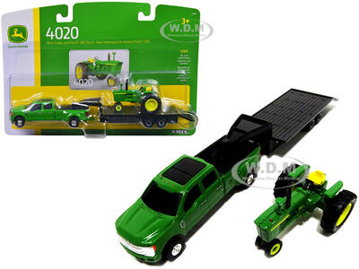 Ford F-350 Dually Pickup Truck Green with John Deere 4020 Tractor Green and Lowboy Trailer Set of 3 pieces 1/64 Diecast Model...