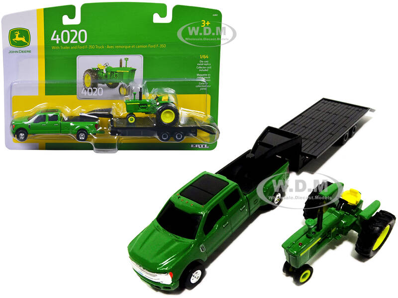 Ford F-350 Dually Pickup Truck Green with John Deere 4020 Tractor Green and Lowboy Trailer Set of 3 pieces 1/64 Diecast Model...