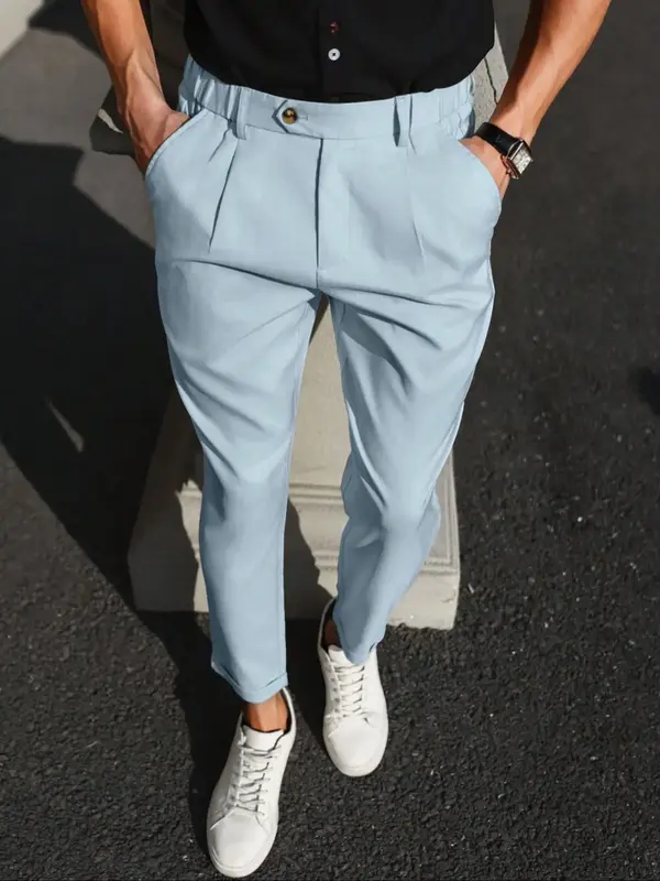 Men's Solid Color Button Fly Plicated Suit Pants, Regular Fit Business Pocket Trousers for Work Office, Fashion Men's Clothes...