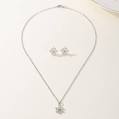 Vintage Retro Elegant Brass Cubic Zirconia Flower Stud Earrings & Necklaces Set for Women