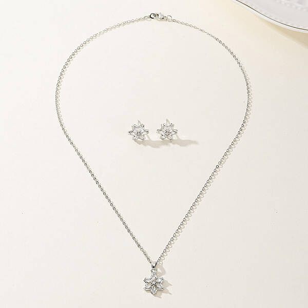 Vintage Retro Elegant Brass Cubic Zirconia Flower Stud Earrings & Necklaces Set for Women