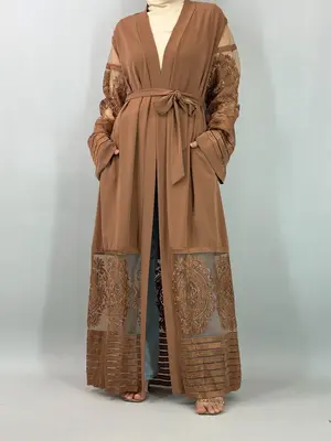 Women's Floral Embroidery Lace Abaya, Modest Casual Long Sleeve Open Front Abaya for Daily Wear, Ladies Islamic Clothing for ...