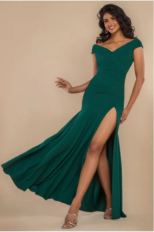 Goddiva Scuba Crepe Off Shoulder Front Split Maxi Dress - Emerald Green
