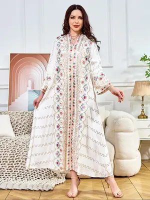 Beaded V Neck Loose Muslim Robe, Fashion Elegant Party Dress, Arabic Turkish Style Long Gown for Women