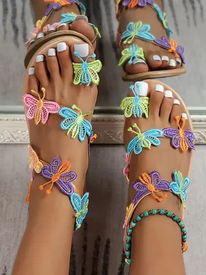 Summer 2024 Women's Fashion Colorful Embroidered Butterfly Decor Flat Sandals, Elegant Peep Toe Slip on Ankle Strap Sandals f...