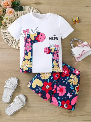 Two-piece Set Girl's Giraffe & Floral Print Tee & Shorts Set, Casual Round Neck Short Sleeve T-shirt & Shorts, Summer Cloth...