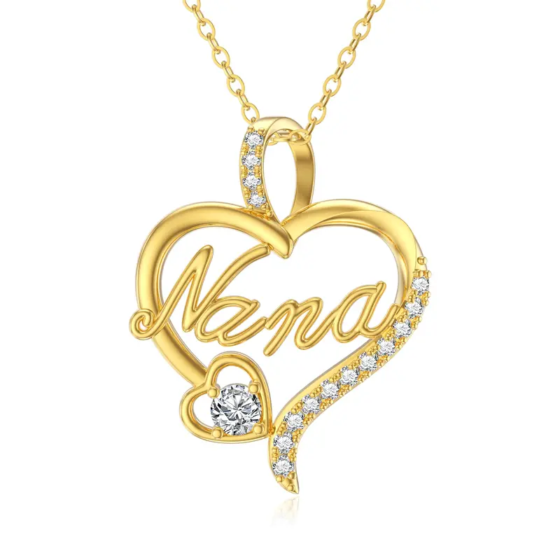 14K Gold Cubic Zirconia Heart Pendant Necklace with Engraved Word