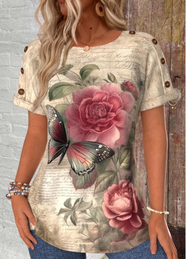 Modlily Light Camel Button Floral Print Short Sleeve T Shirt - XXL