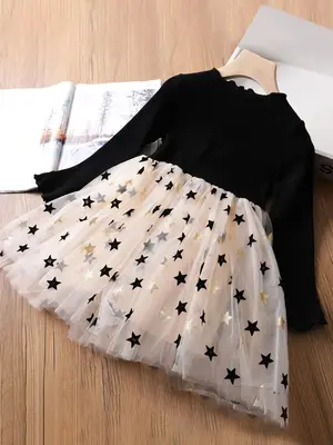 Girl's Patchwork Star Print Lettuce Trim Tulle Dress, Cute Flounce Sleeve Round Neck A Line Dress for Party Holiday, Kids Fal...