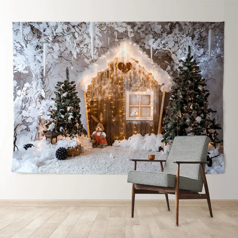 Aperturee Rubbit Cabin In Light Snowy Christmas Backdrop