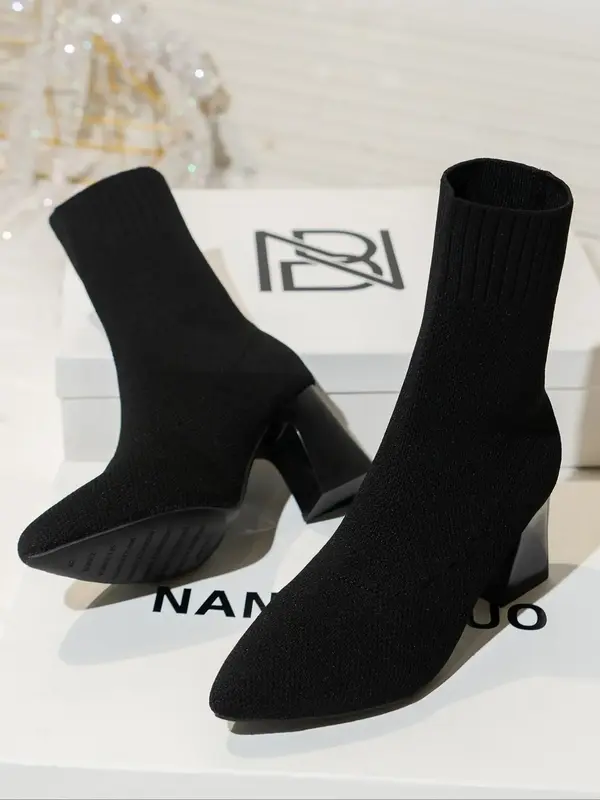 Women's Solid Color Pointed Toe Mid-Calf Boots, Fashionable Slip on Boots for Daily Wear, Casual Versatile High Heel Boots fo...