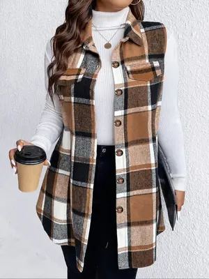 【Plus Size】 Plaid Print Button Front Vest Coat, Casual Sleeveless Collared Outerwear for Fall & Winter, Gift Set for Wome...