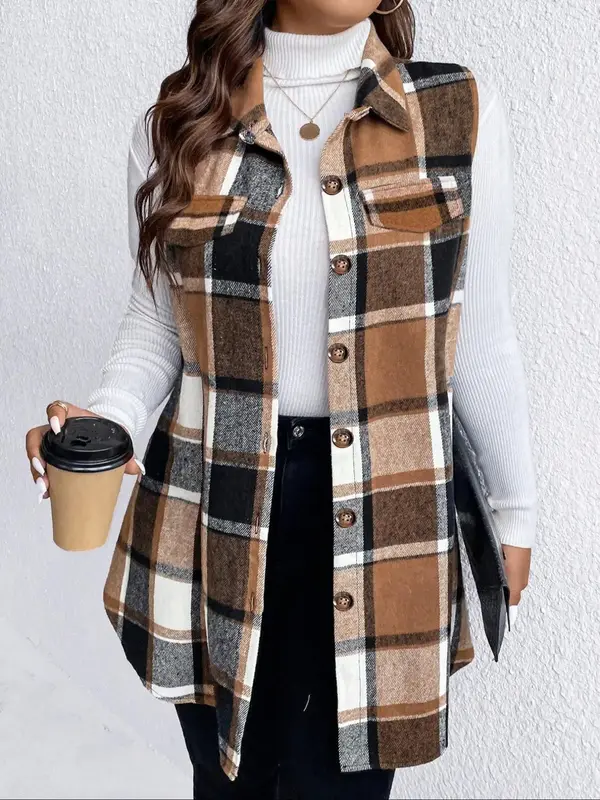 【Plus Size】 Plaid Print Button Front Vest Coat, Casual Sleeveless Collared Outerwear for Fall & Winter, Gift Set for Wome...