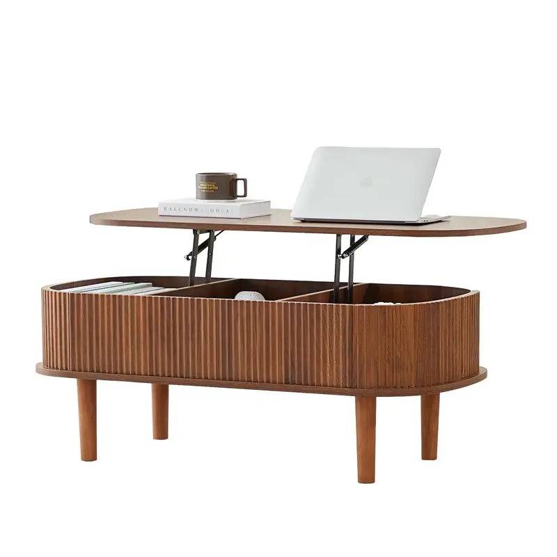Giratree Fully Assembled Wooden Center Table, Fluted Lift Top Coffee Table with Hidden Compartment, Modern Oval Lift Tabletop...
