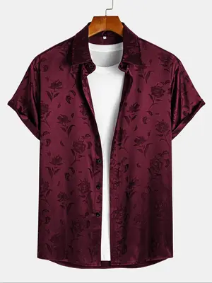 Men's Rose Print Jacquard Shirt, Regular Fit Casual Short Sleeve Collared Top for Summer, Fashion Men's Clothes for Daily Wea...